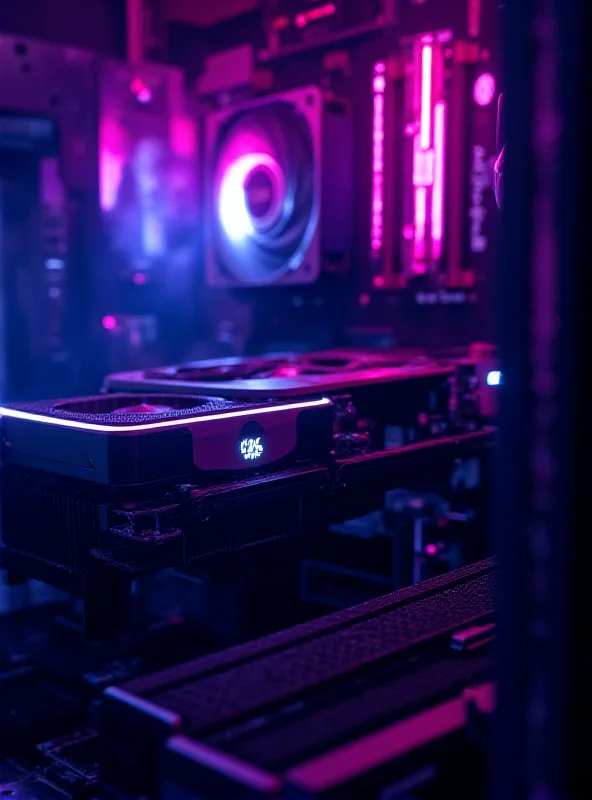 A close-up shot of an RTX 50-series graphics card installed in a high-end gaming PC, with RGB lighting effects visible.