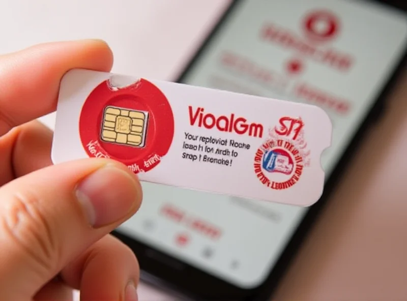 A hand holding a Vodafone Idea (Vi) SIM card, with a smartphone in the background displaying the Vi logo and activation instructions.