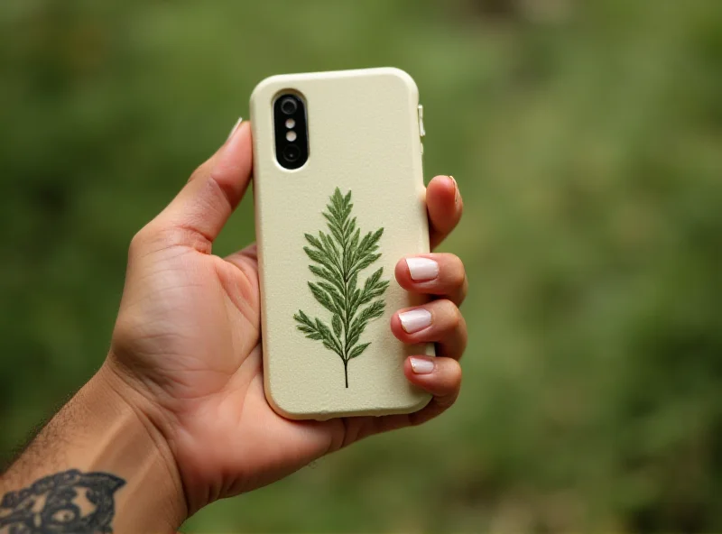 Close-up of a hand holding a biodegradable phone case with a plant design, showcasing sustainability and eco-friendliness.