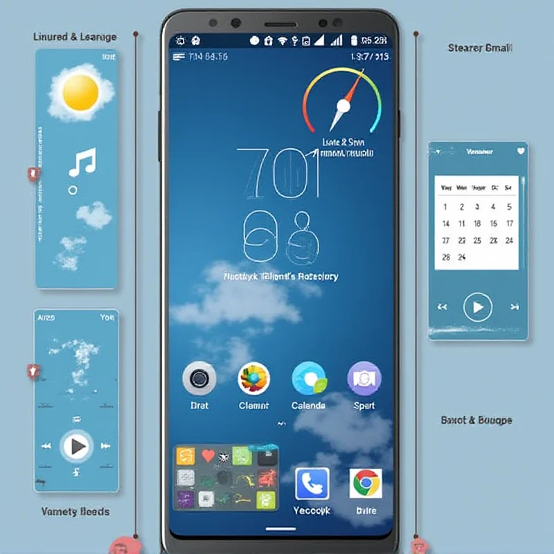 Mockup of an Android 16 lock screen featuring various widgets like weather, calendar, and music controls.