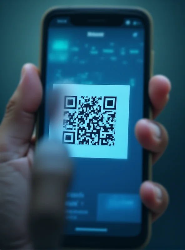 A close-up shot of a smartphone displaying a QR code for authentication, with a finger pointing towards the code, symbolizing the act of scanning.