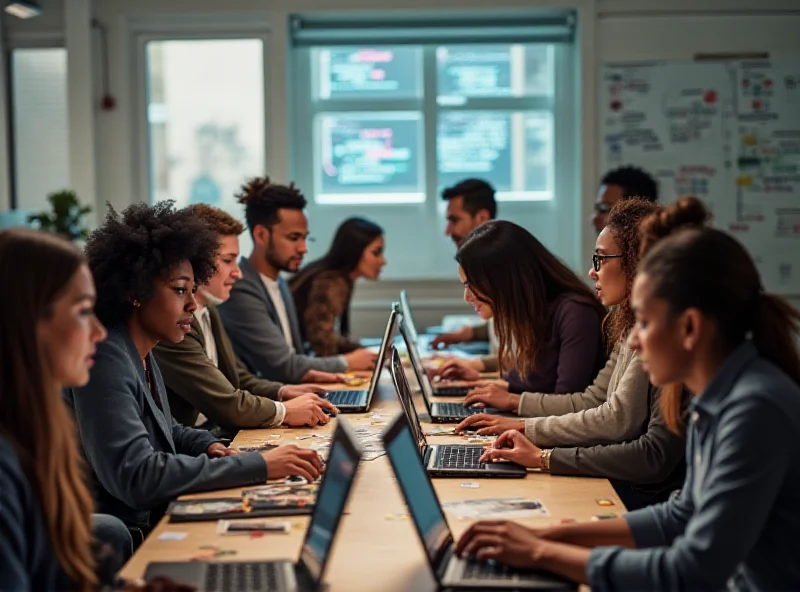 A diverse group of people working collaboratively on laptops in a brightly lit, modern office setting.