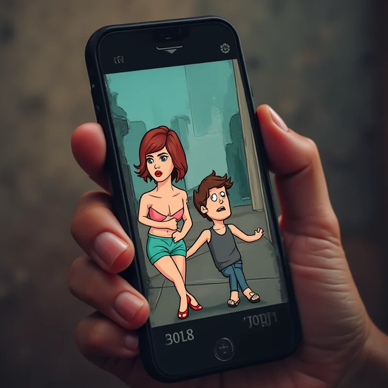 A close-up of a mobile phone screen displaying a disturbing mobile game advertisement depicting a cartoon woman being mistreated by a cartoon man.