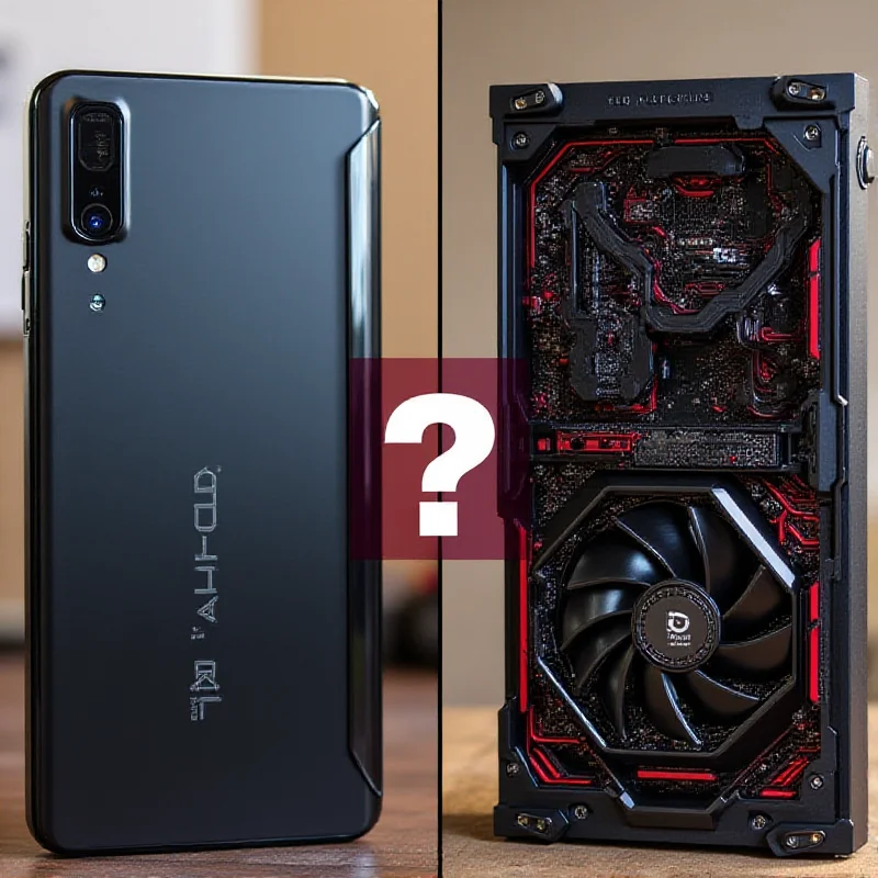 A split image showing the Tecno Spark Slim on one side and the AMD Radeon RX 9070 XT on the other, with a question mark in the middle.