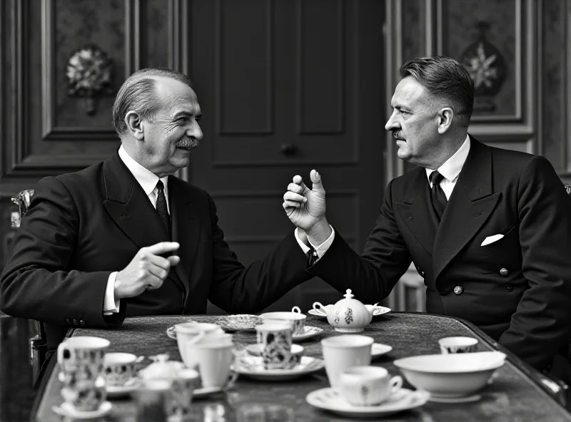 A black and white photo depicting Benito Mussolini and Adolf Hitler having tea together in Munich in 1937.