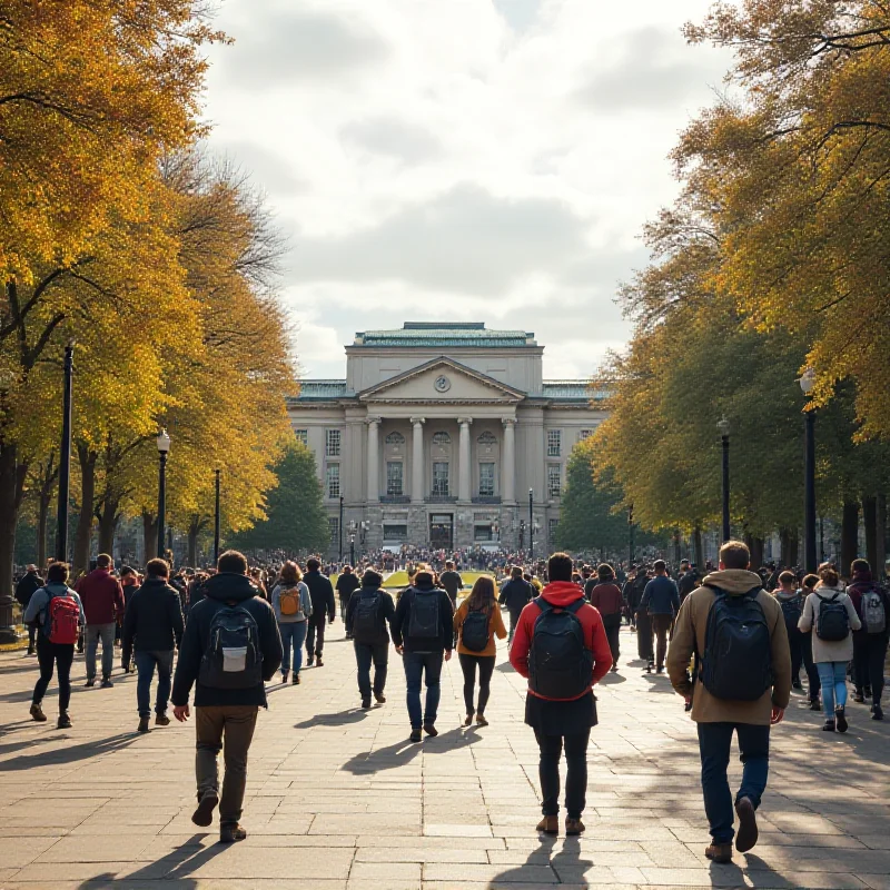 The entrance to a university campus with students walking around