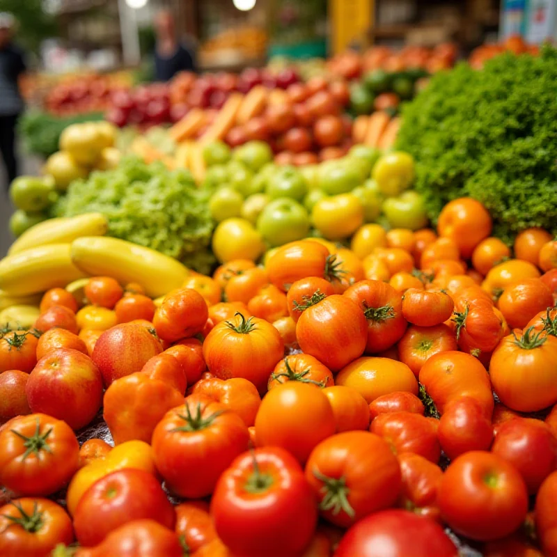 A diverse selection of fresh fruits and vegetables, representing the basic food basket.