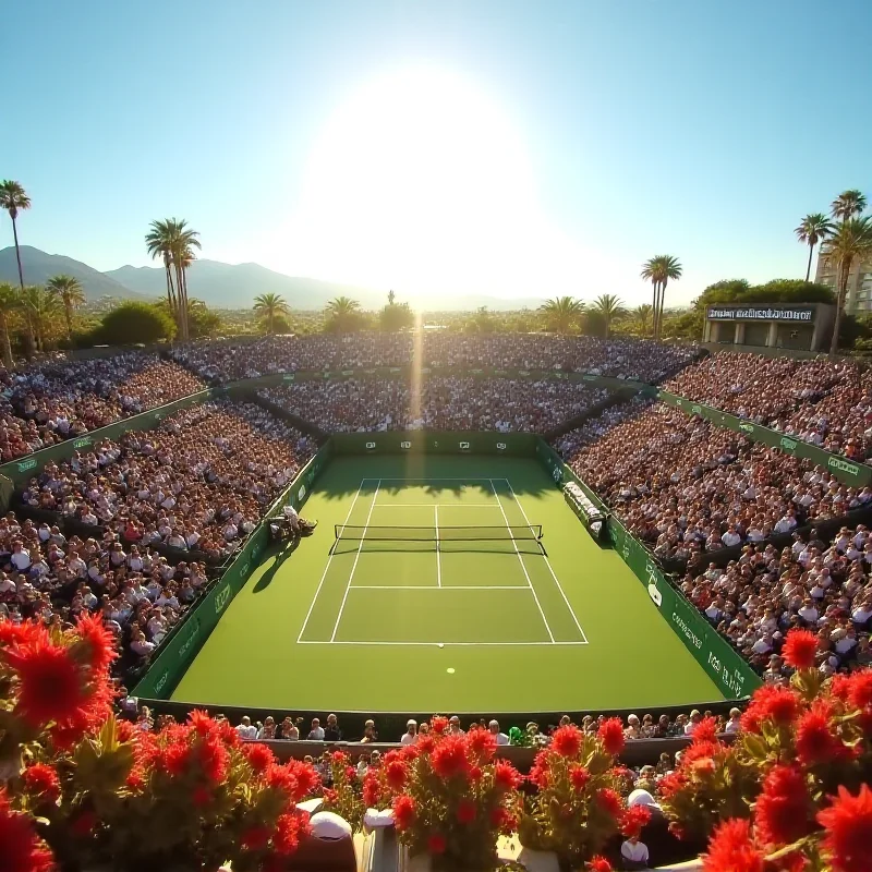 A tennis court during a match at Indian Wells