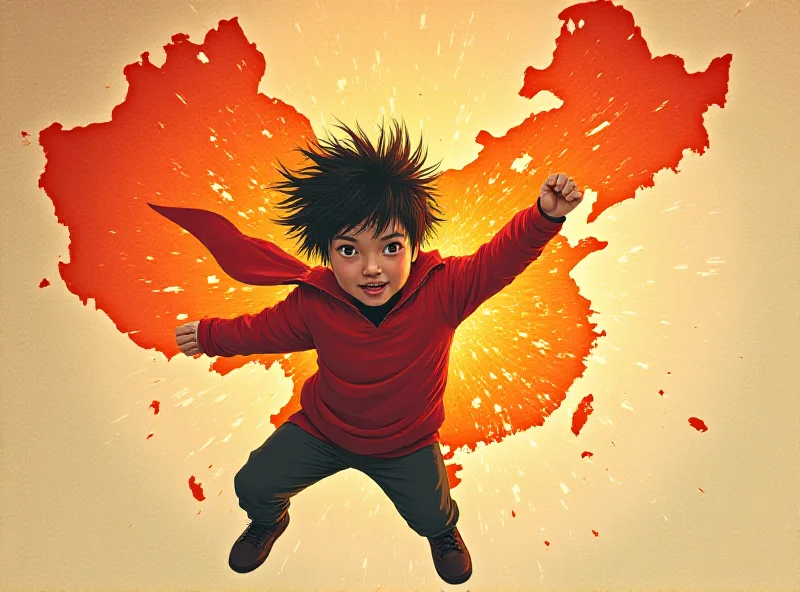 Illustration of a child-like character flying through the air with a determined expression, overlaid with a map of Taiwan and China.