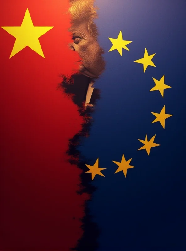 Digital illustration depicting the flags of China and the European Union intertwined, with a silhouette of Donald Trump in the background.