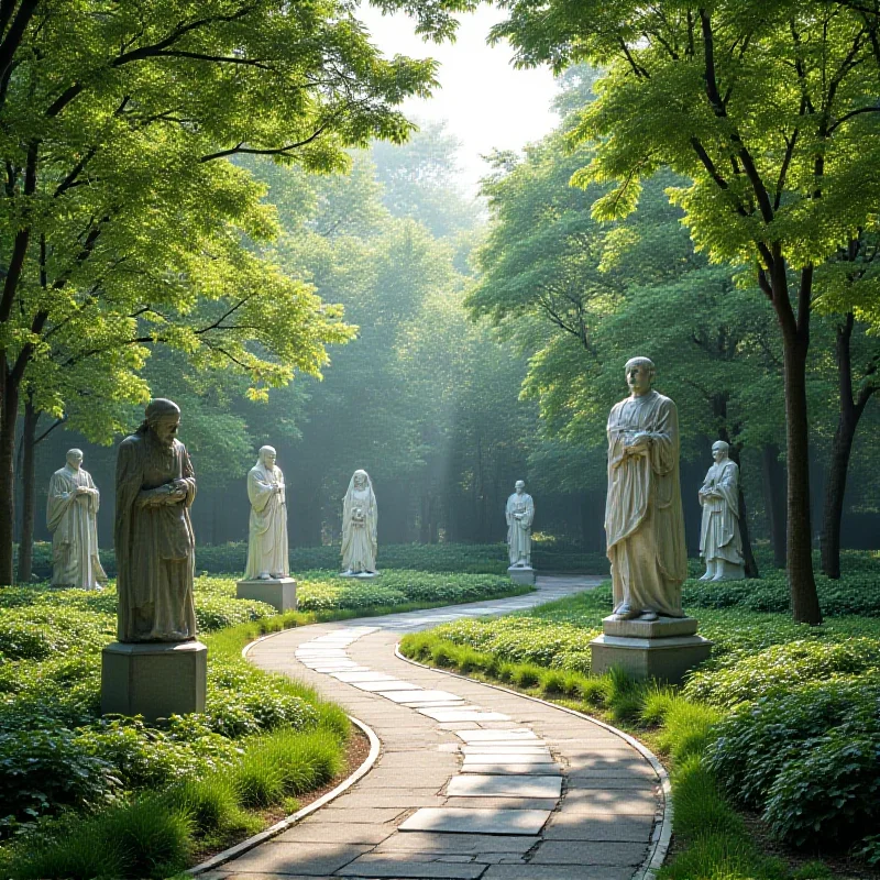 A serene park scene in Taipei, Taiwan. Various statues of historical figures are subtly placed throughout the landscape, interspersed with trees and walking paths. The atmosphere is calm and reflective.