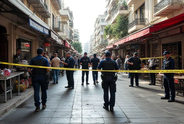 A street scene in Haifa, with police investigating a crime scene. Yellow tape is visible.