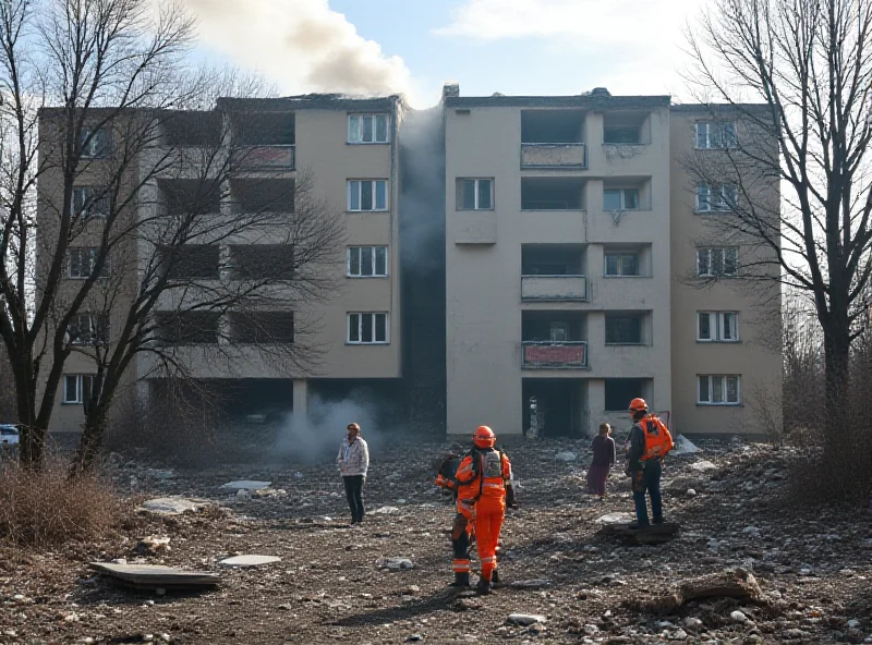 Damaged building in Kryvyi Rih after a missile strike, with emergency services working at the scene.
