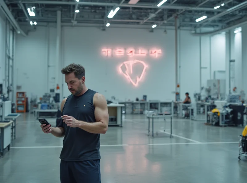 Illustration of Elon Musk tweeting from Tesla factory floor.