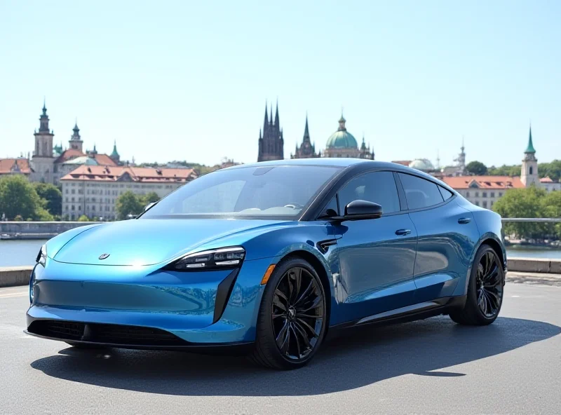 A sleek, modern Xpeng electric car parked in front of a European city skyline.