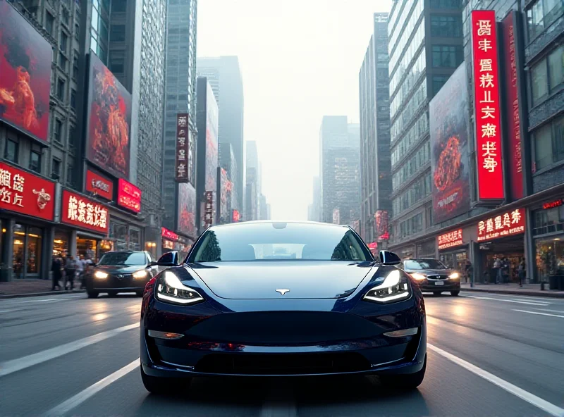 A Tesla Model 3 driving in a bustling Chinese city street with high-rise buildings in the background.