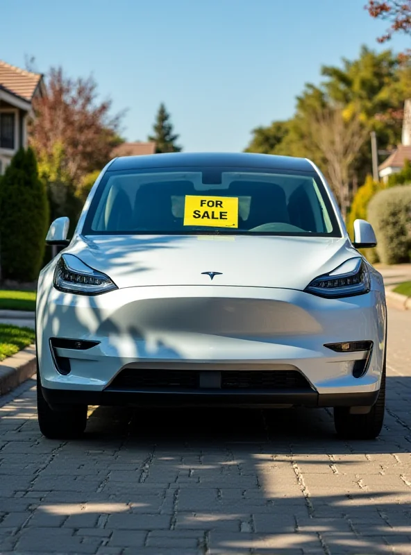 A Tesla Model Y parked in a driveway, with a 'For Sale' sign prominently displayed in the window.