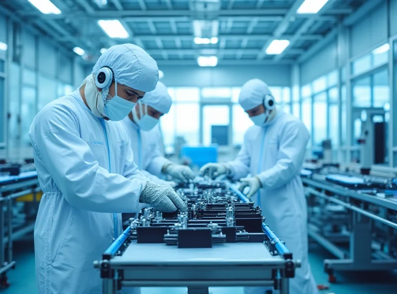 A clean, modern factory floor with workers assembling electric vehicle batteries. The Volklec logo is subtly visible in the background.