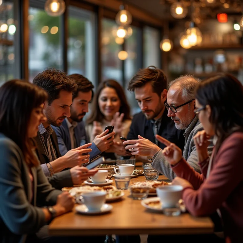 A group of diverse people discussing news articles on their phones and tablets.