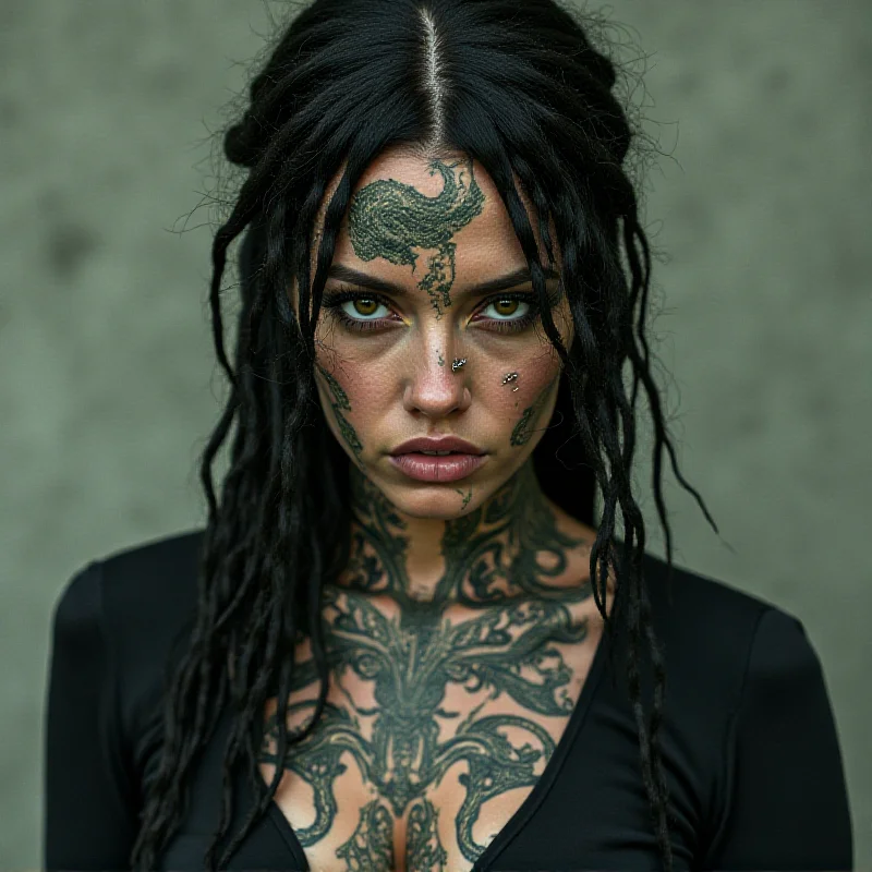A person with multiple tattoos and piercings, some resembling scales, looking directly at the camera with a determined expression.