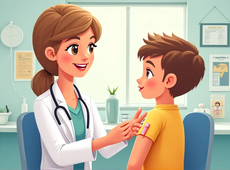 Illustration of a child receiving a measles vaccination from a doctor in a clinic setting.