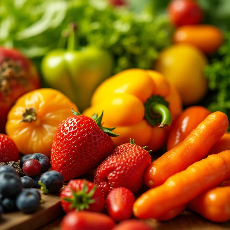A close-up shot of various colorful fruits and vegetables, symbolizing a healthy and balanced diet rich in vitamins.