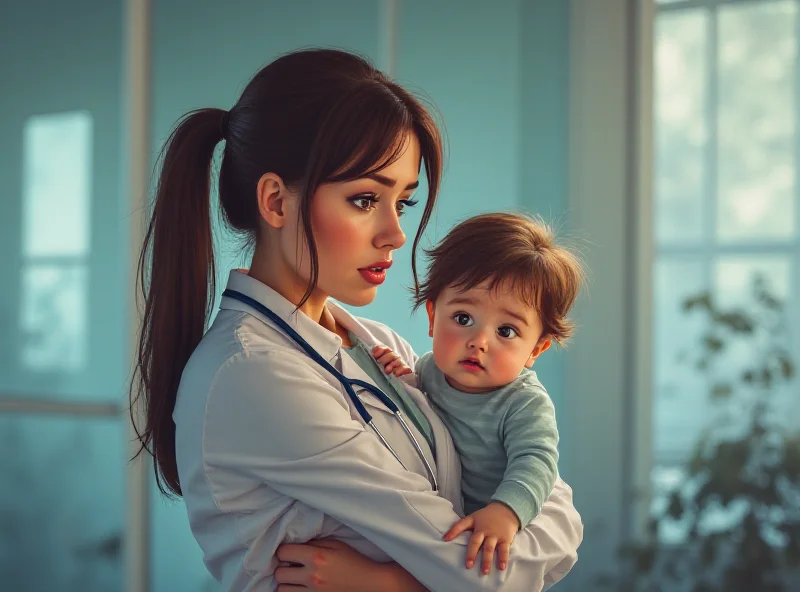 Illustration of a concerned parent holding a child, with a blurred background of a doctor's office. The image should convey a sense of urgency and worry.
