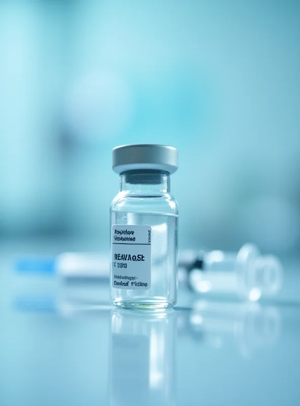 Close-up shot of a vial of measles vaccine, with a syringe nearby. The vial should be clearly labeled 'Measles Vaccine' and the background should be a sterile medical environment.