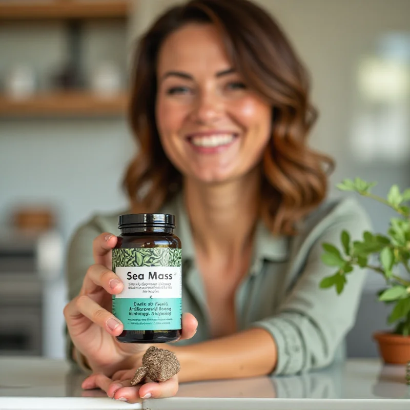 A person smiling and holding a bottle of Sea Moss Capsules with Black Seed Oil, Ashwagandha, Burdock Root & Bladderwrack.