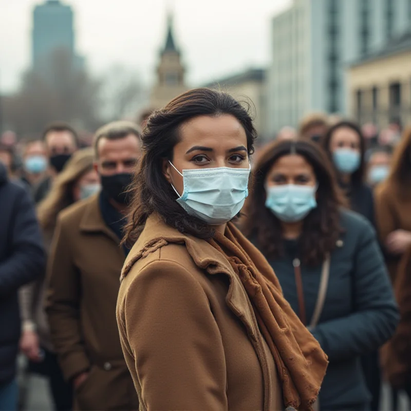 A diverse group of people wearing masks and socially distancing, representing community health