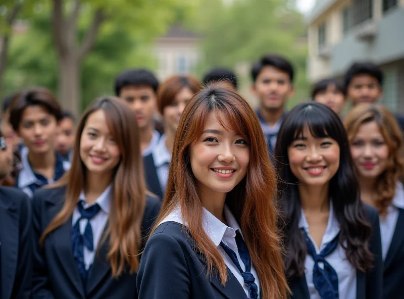A diverse group of Thai students smiling, showcasing various hairstyles.