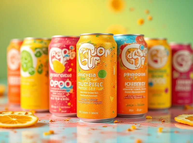Close-up shot of various cans of prebiotic soda brands, including Olipop and Poppi, arranged on a colorful background.