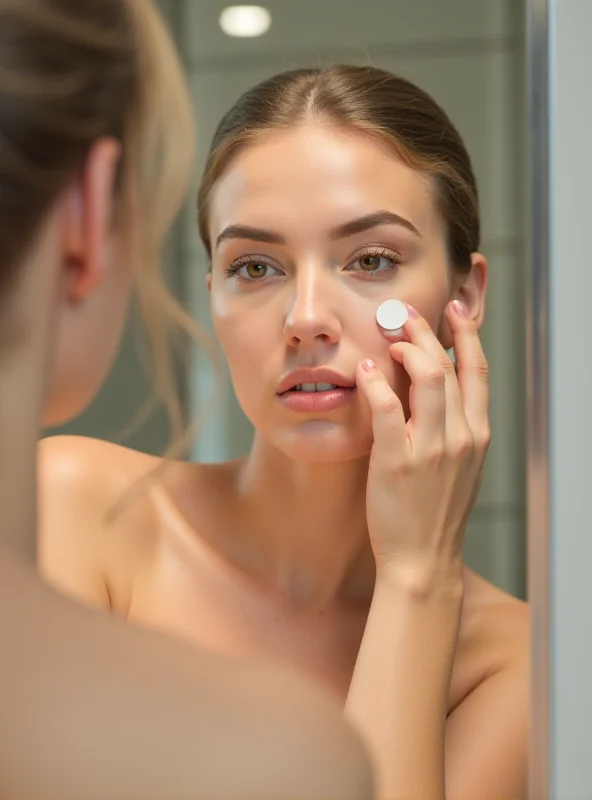 A person applying a small, circular acne patch to their cheek in front of a bathroom mirror.