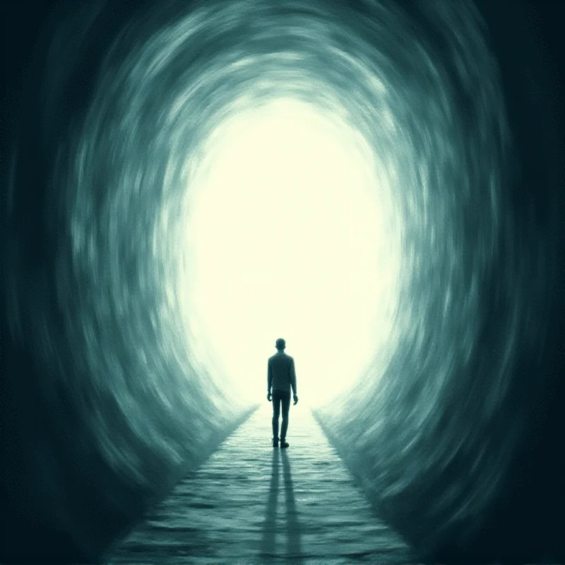 Abstract image depicting a tunnel of light with a figure silhouette at the end, representing a near-death experience.
