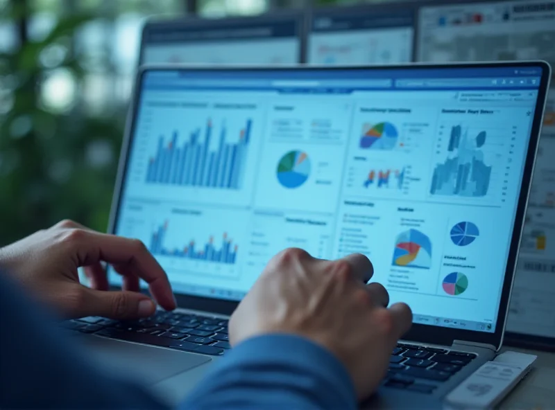 A person analyzing data on a laptop screen with charts and graphs. The focus is on the screen and the person's hands.