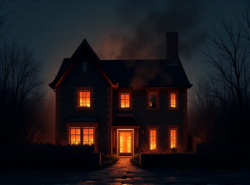 A somber illustration of a house with smoke billowing from the windows, representing the Bradford house fire.