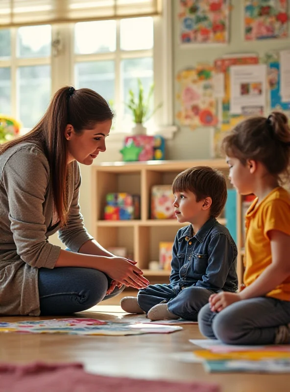 A concerned social worker interacting with children in a classroom setting, highlighting the importance of background checks and safeguarding measures.