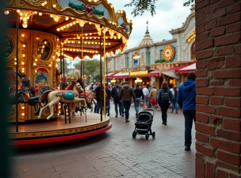 Illustration of a baby in a stroller alone near a Disney carousel