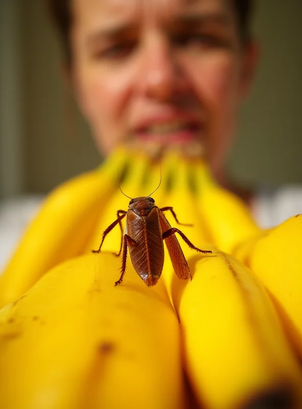 A person reacting with horror to a cockroach in a bunch of bananas