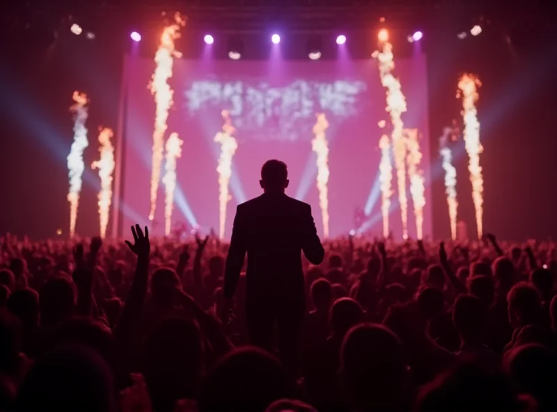 A crowd cheering at a Pitbull concert with bright stage lights