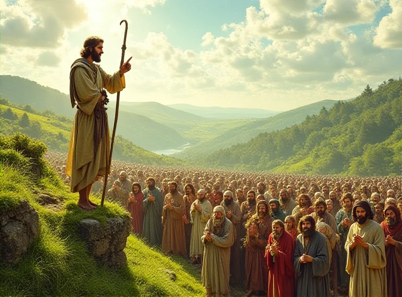 Illustration of St. David preaching to a crowd in a Welsh landscape