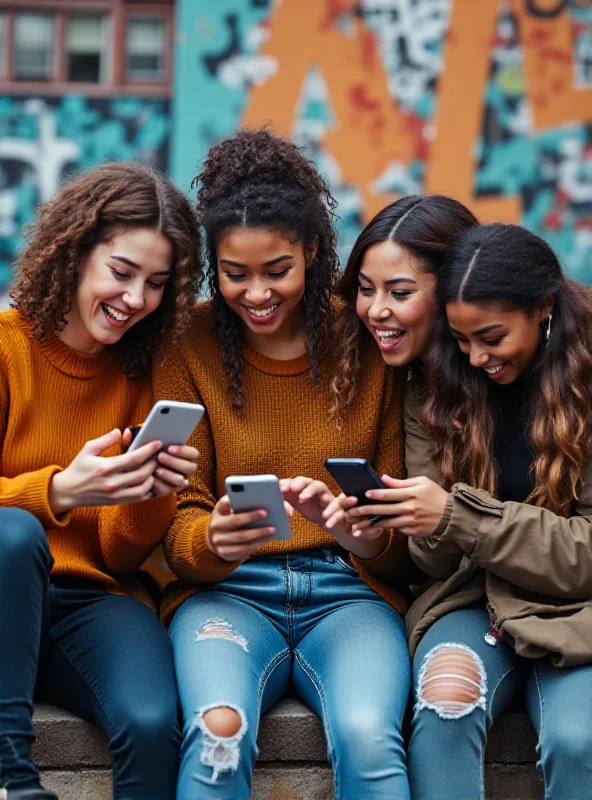 A group of diverse young people laughing and using their phones