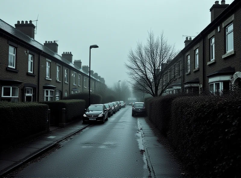 A somber image of a residential street in Bootle, UK, with houses lining the road under a cloudy sky, representing the location of the tragic event.