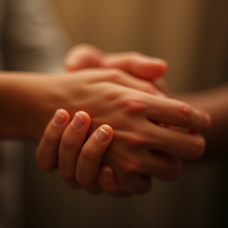A close-up of a comforting hand gently holding another hand, symbolizing support, empathy, and shared grief.