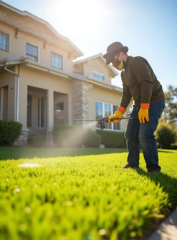 A person spraying pesticide around a house.
