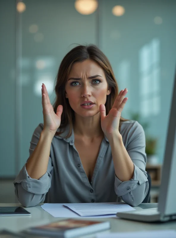 A woman looking frustrated in an office setting, possibly after being denied access to computer equipment.