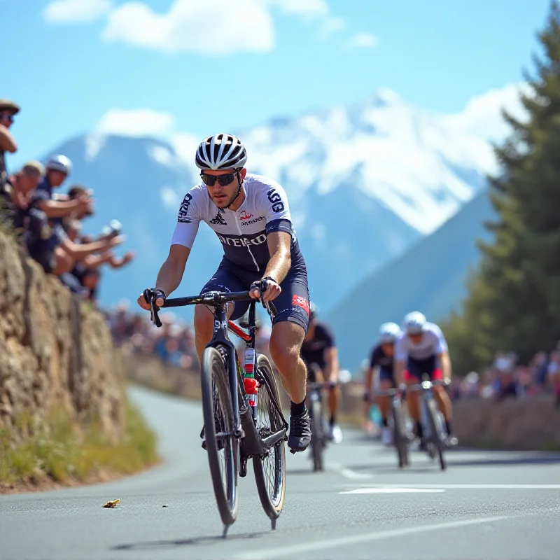 Tom Pidcock raising his arms in victory at the top of Alpe d'Huez during the Tour de France.