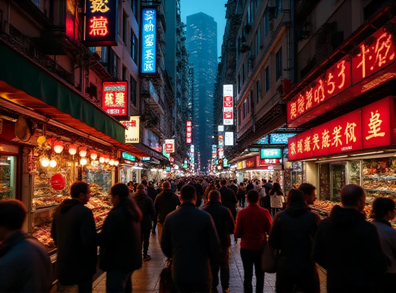 A bustling street scene in Hong Kong with many pedestrians and neon signs, showcasing the vibrant city life that attracts tourists.