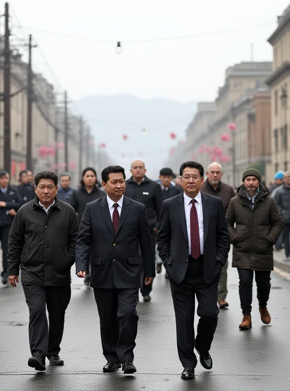 A group of international tourists being guided through Rason, North Korea, with local guides and views of the city in the background.