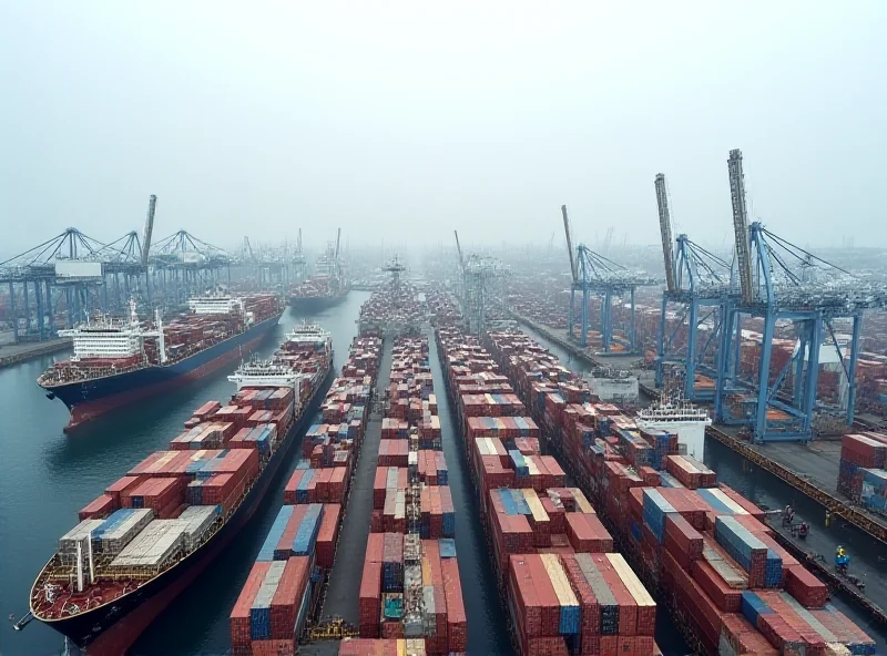 Aerial view of cargo ships at a busy port with containers, emphasizing global trade and logistics